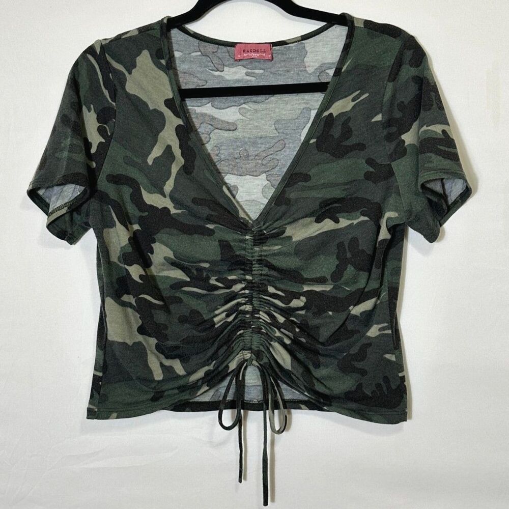 Ragdoll Women's LA Camo Crop Top Center Ruched Pattern Size L Casual Streetwear